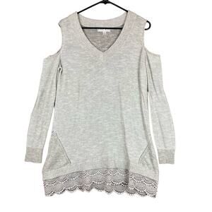 Knox Rose Womens Sweater Gray Knit Crochet Cold Shoulder V Neck Lace Hem L